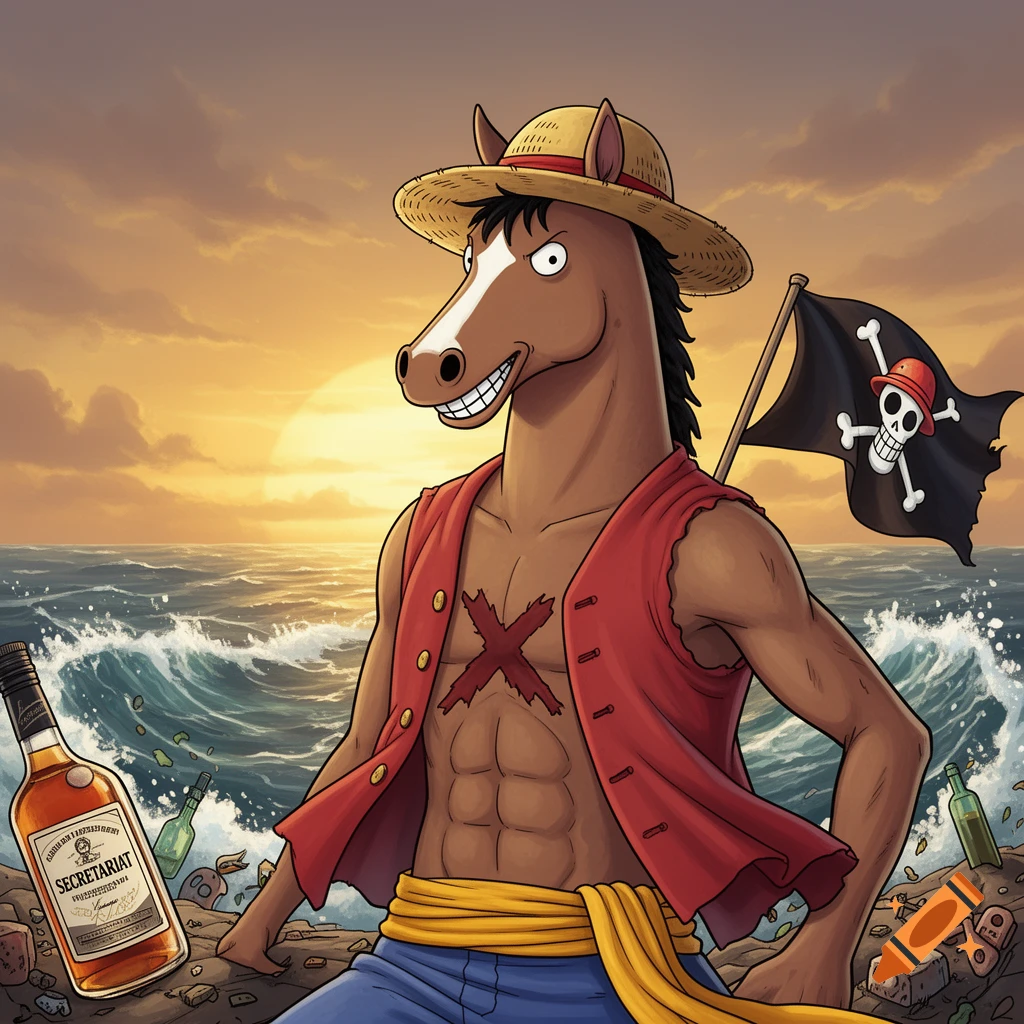 A cartoon horse-man, resembling Bojack Horseman as a pirate, stands on a beach with a pirate flag and liquor bottle at sunset.