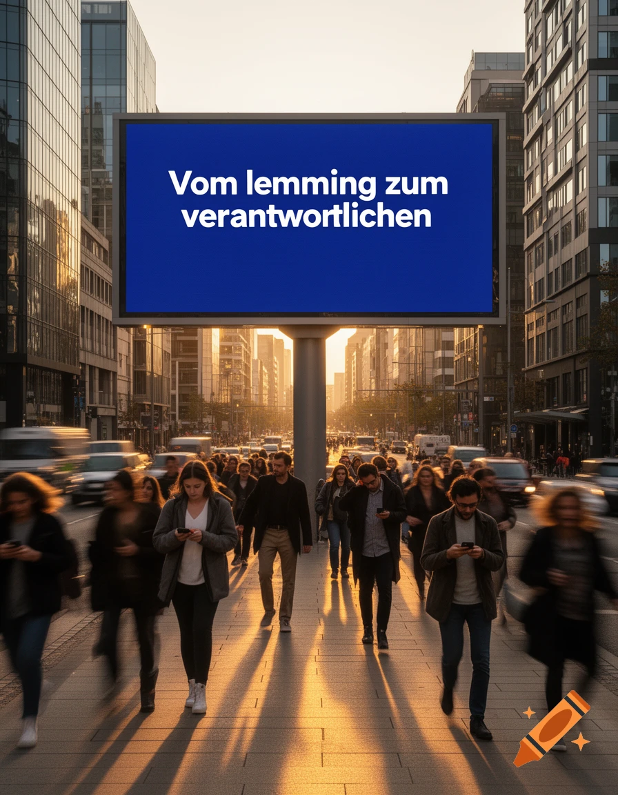 A busy city street at sunset with pedestrians walking and a large billboard reading 'Vom lemming zum verantwortlichen'.