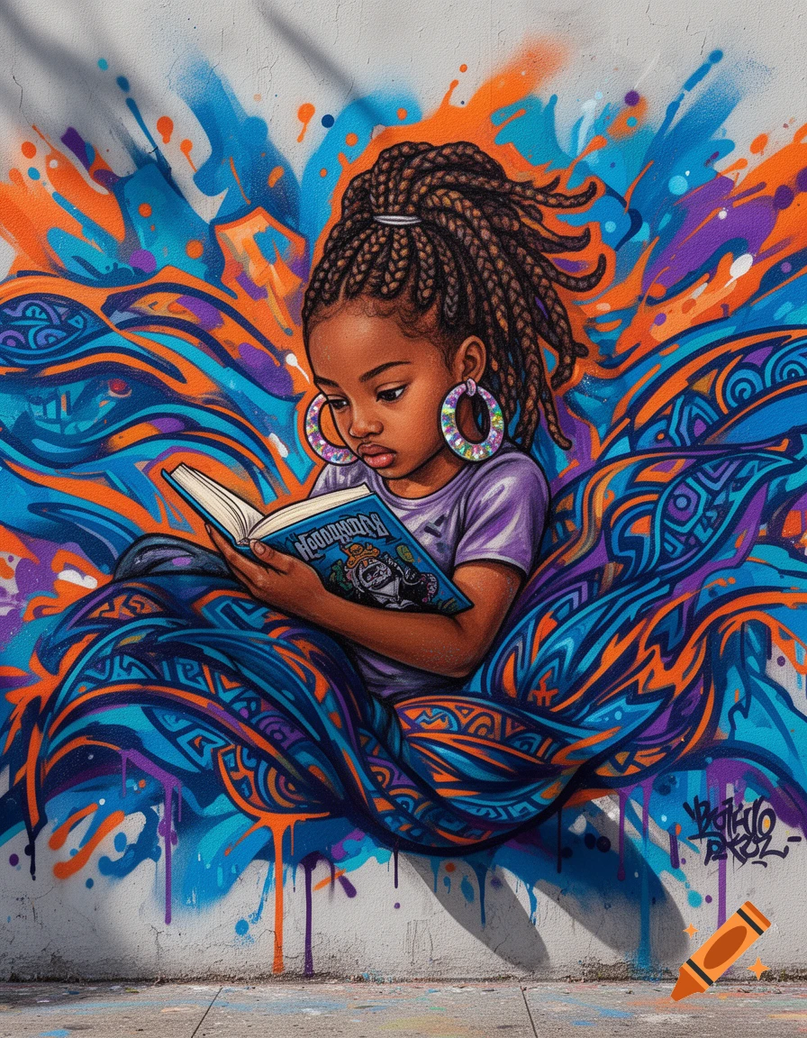 A brown girl with braids reads a book, depicted in vibrant graffiti street art with blue, orange, and purple swirls.