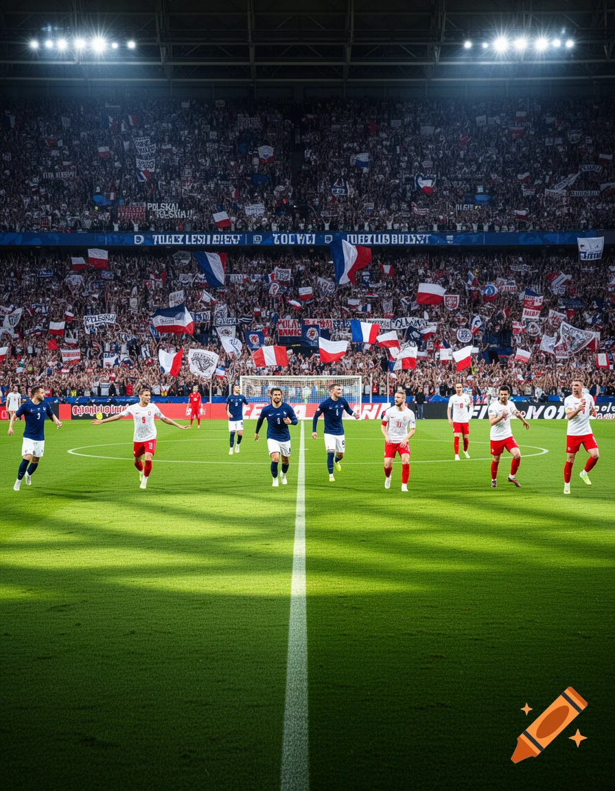 A photorealistic image showing a soccer match in a brightly lit stadium, with players in blue and white and red and white uniforms on a green field, surrounded by a large crowd waving flags.