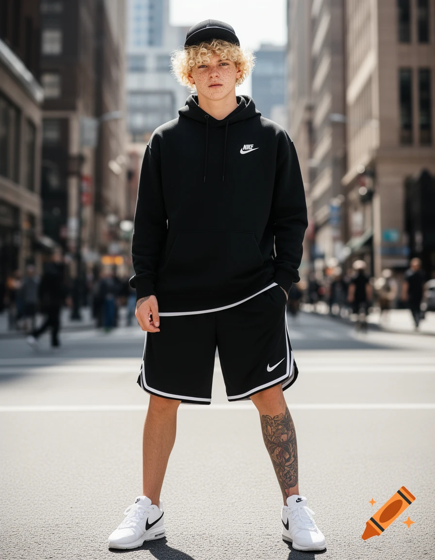 A young man with blonde curly hair and freckles, wearing a black Nike hoodie, shorts, and white sneakers, stands in a city street.