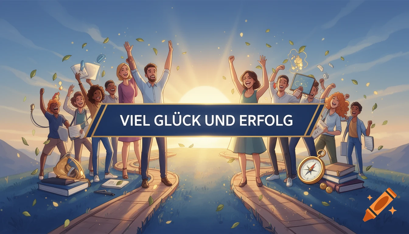 A diverse group of happy people celebrates success, some holding books and academic items, standing on paths leading towards a bright sunset, with falling leaves. A banner reads 'VIEL GLÜCK UND ERFOLG' (Good Luck and Success).