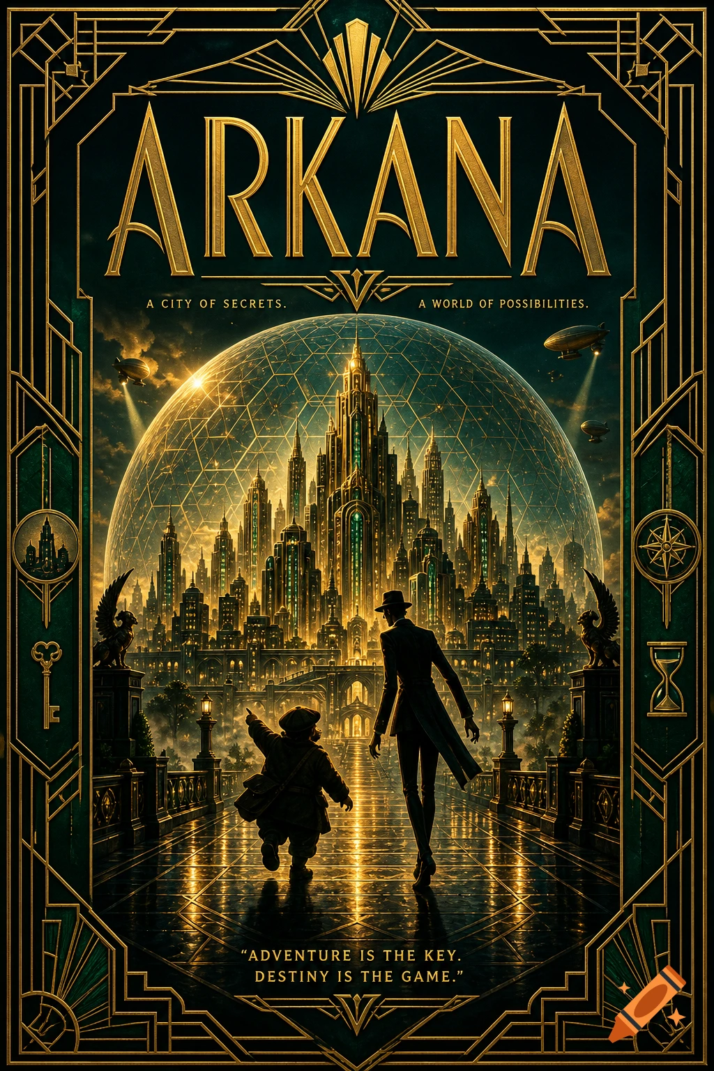 Art Deco book cover featuring a golden city under a dome, two silhouetted figures on a gleaming path, and text 'ARKANA'.