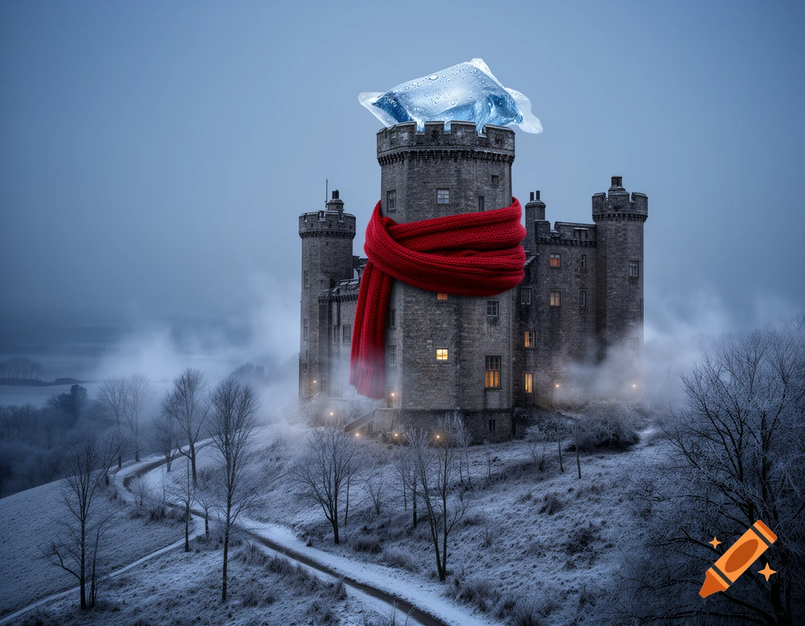 A stone castle on a snowy hill wears a red scarf and has an ice pack on its highest tower, in a misty winter landscape.