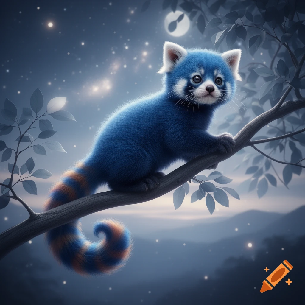 A cute blue red panda with an orange and blue striped tail sits on a tree branch under a starry night sky with a full moon.