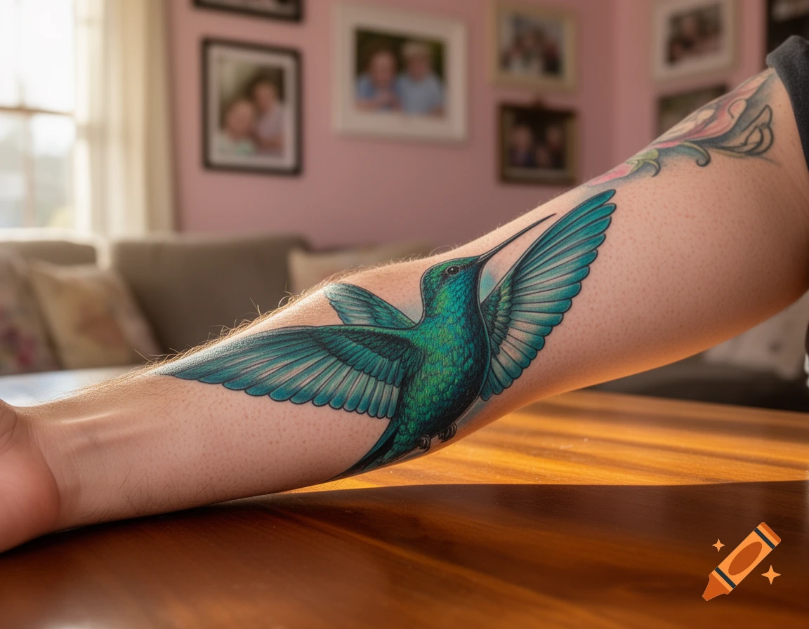 A vibrant green and blue hummingbird tattoo on a person's arm.