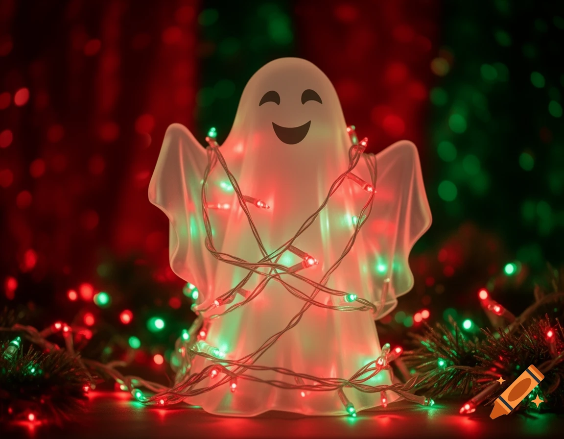 A cute, smiling ghost figurine wrapped in red and green Christmas lights, with a blurred red and green festive background.