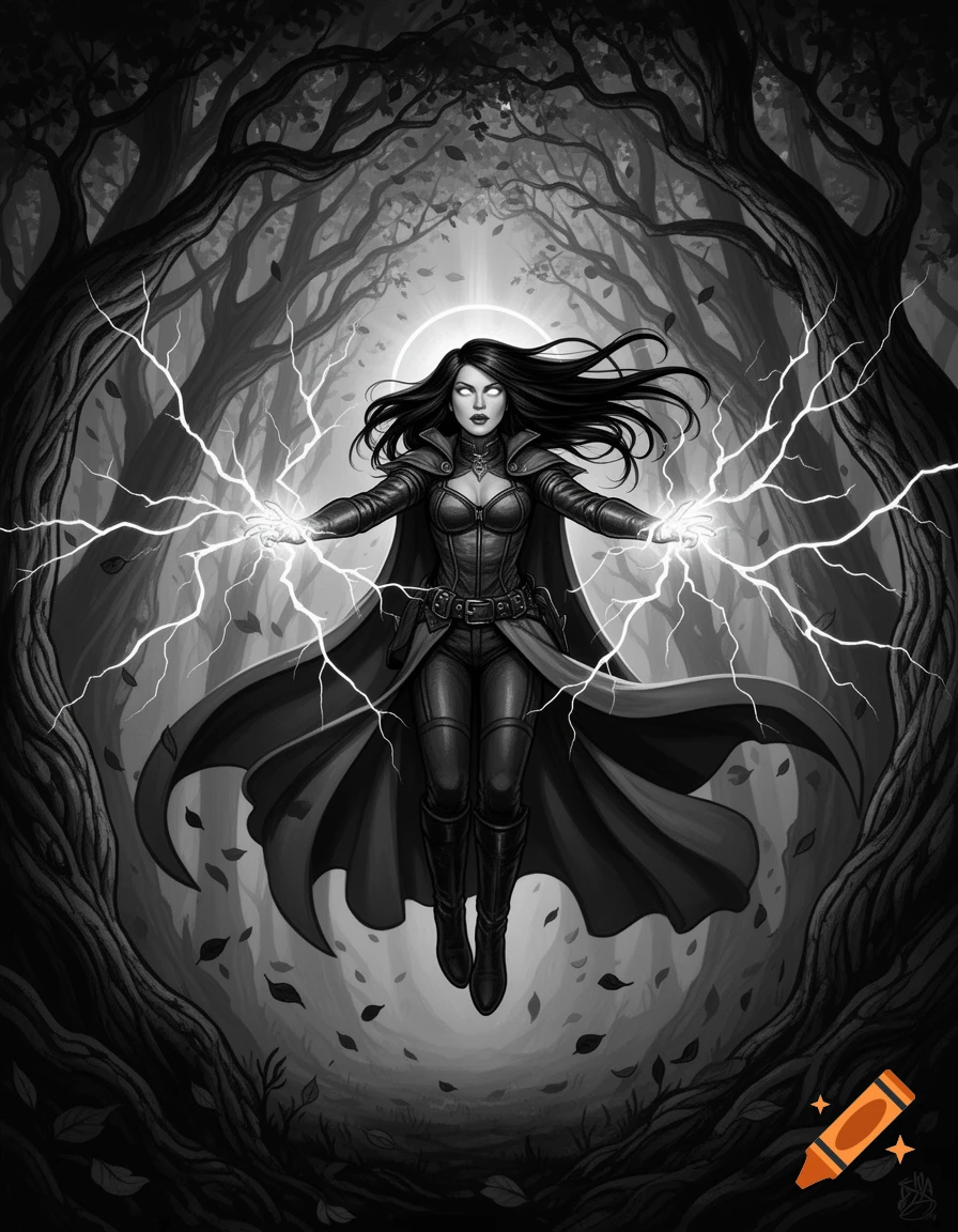 Monochrome fantasy illustration of a sorceress with glowing eyes, floating in a dark forest and conjuring lightning from her hands.