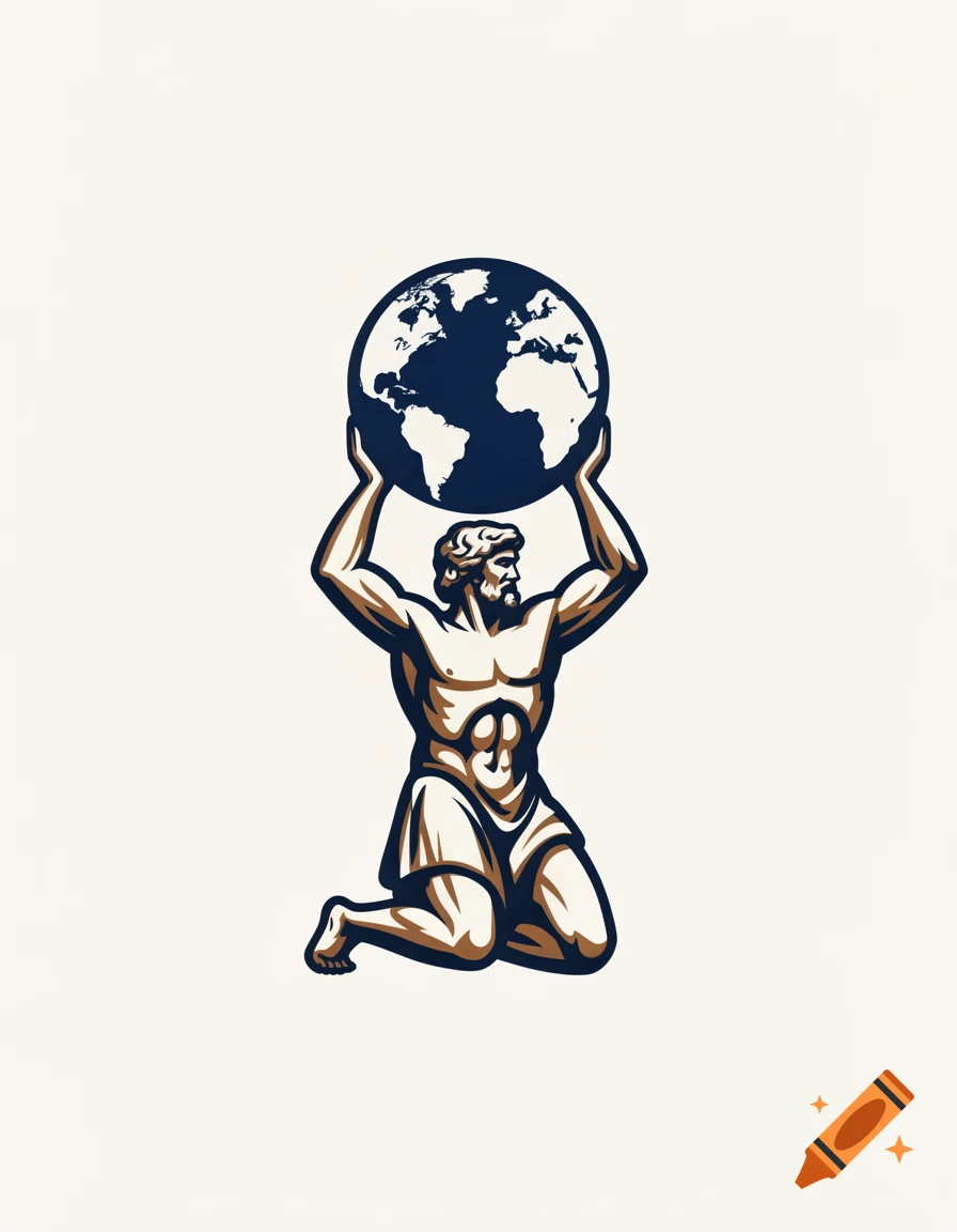 Stylized illustration of Atlas kneeling, holding a dark blue globe with white continents over his head.