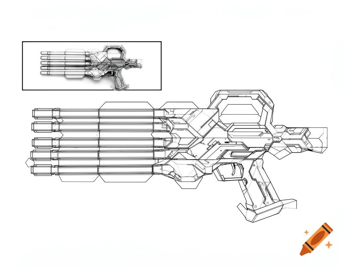 Black and white blueprint template of a futuristic sci-fi minigun with a small 3D render.