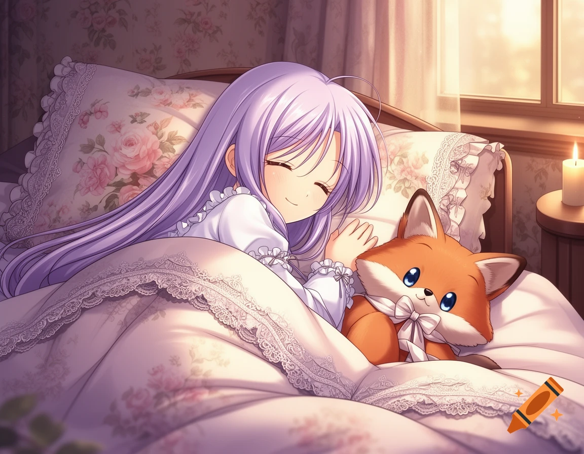 An anime girl with long purple hair sleeps peacefully in a bed with floral sheets, cuddling a cute orange fox plushie.
