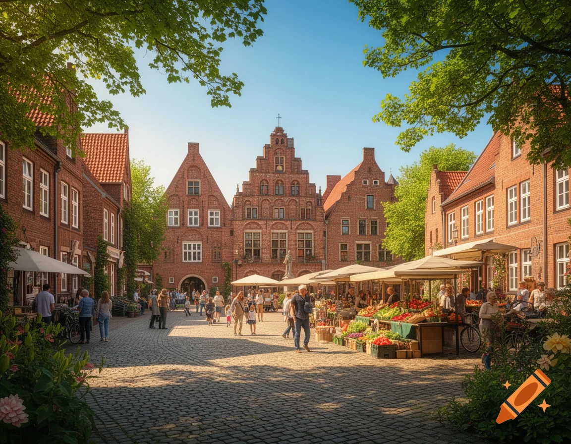 A photorealistic image of a vibrant European town square with brick buildings, market stalls full of produce, and people under a clear blue sky.