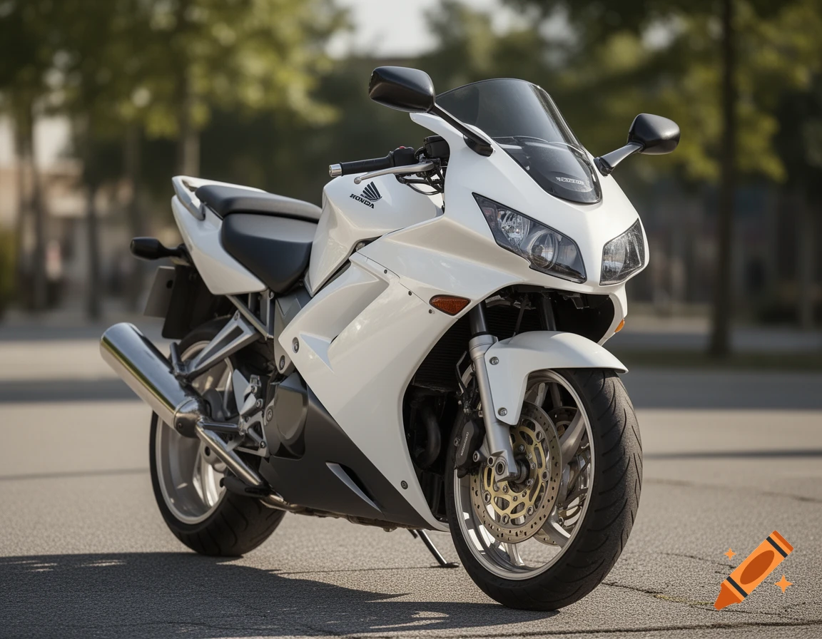 A white Honda VFR 800 motorcycle parked outdoors on asphalt, viewed from a three-quarter front angle.