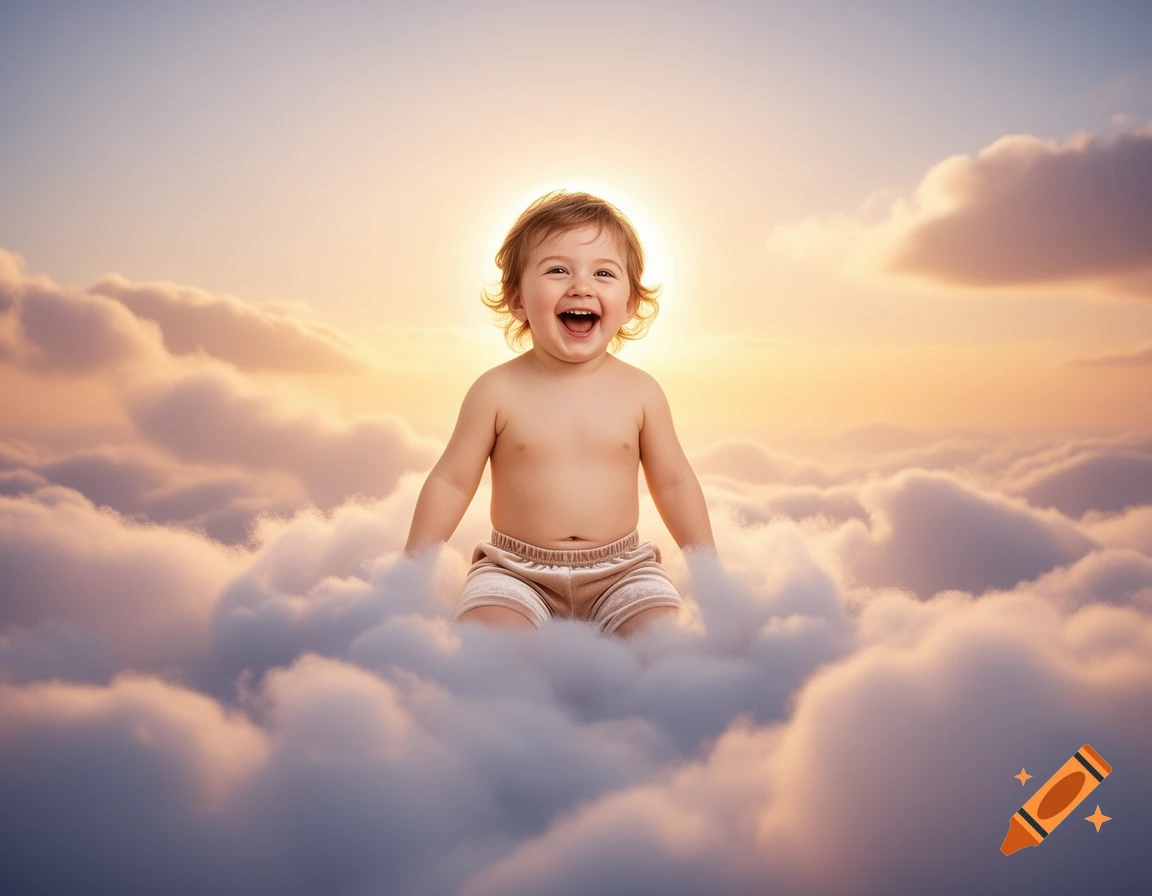 Smiling baby with a halo-like glow sitting among soft clouds in a golden sky.