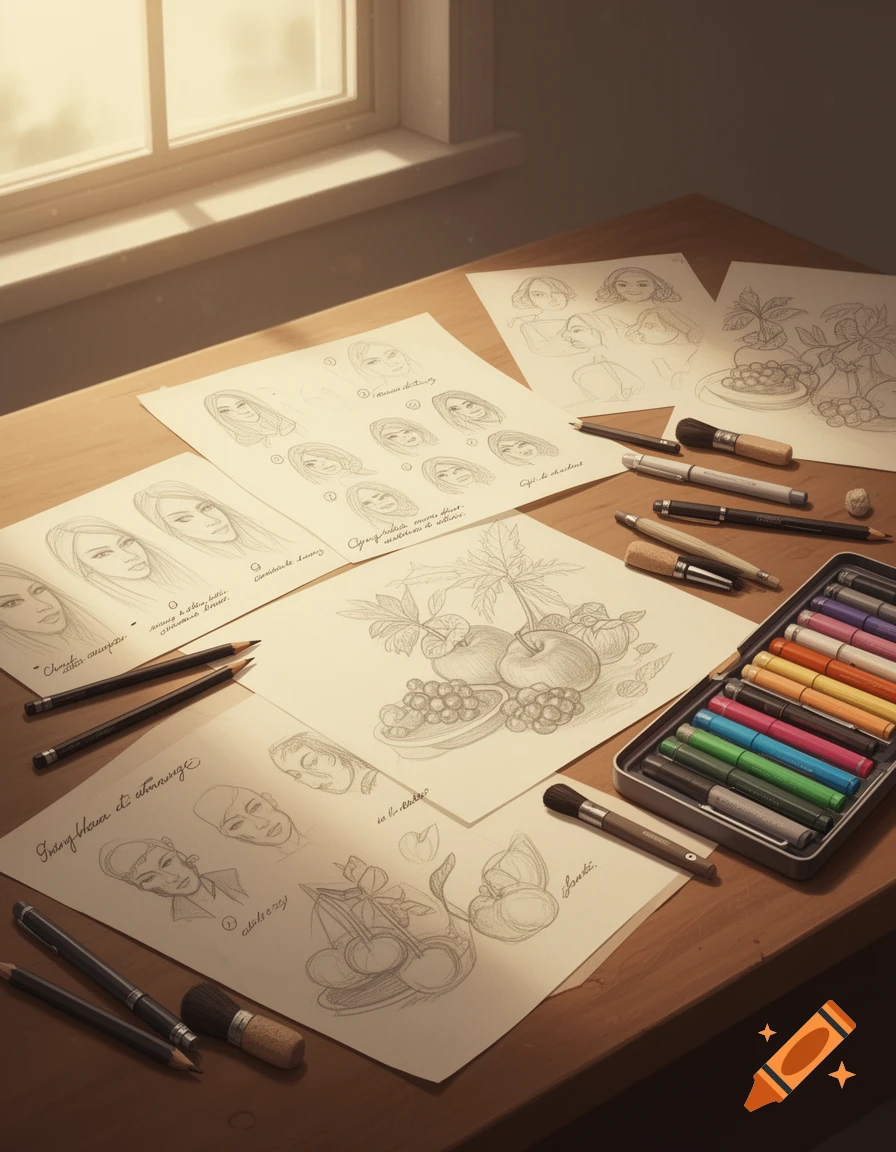 A sunlit desk covered with various pencil sketches of faces and still life, along with art supplies like pencils, pens, and a box of markers.