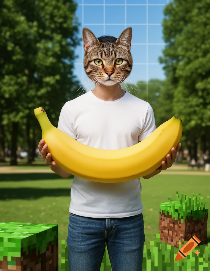Person with a tabby cat head holds a giant banana in a park, with Minecraft grass blocks in the foreground. Surreal, photorealistic.