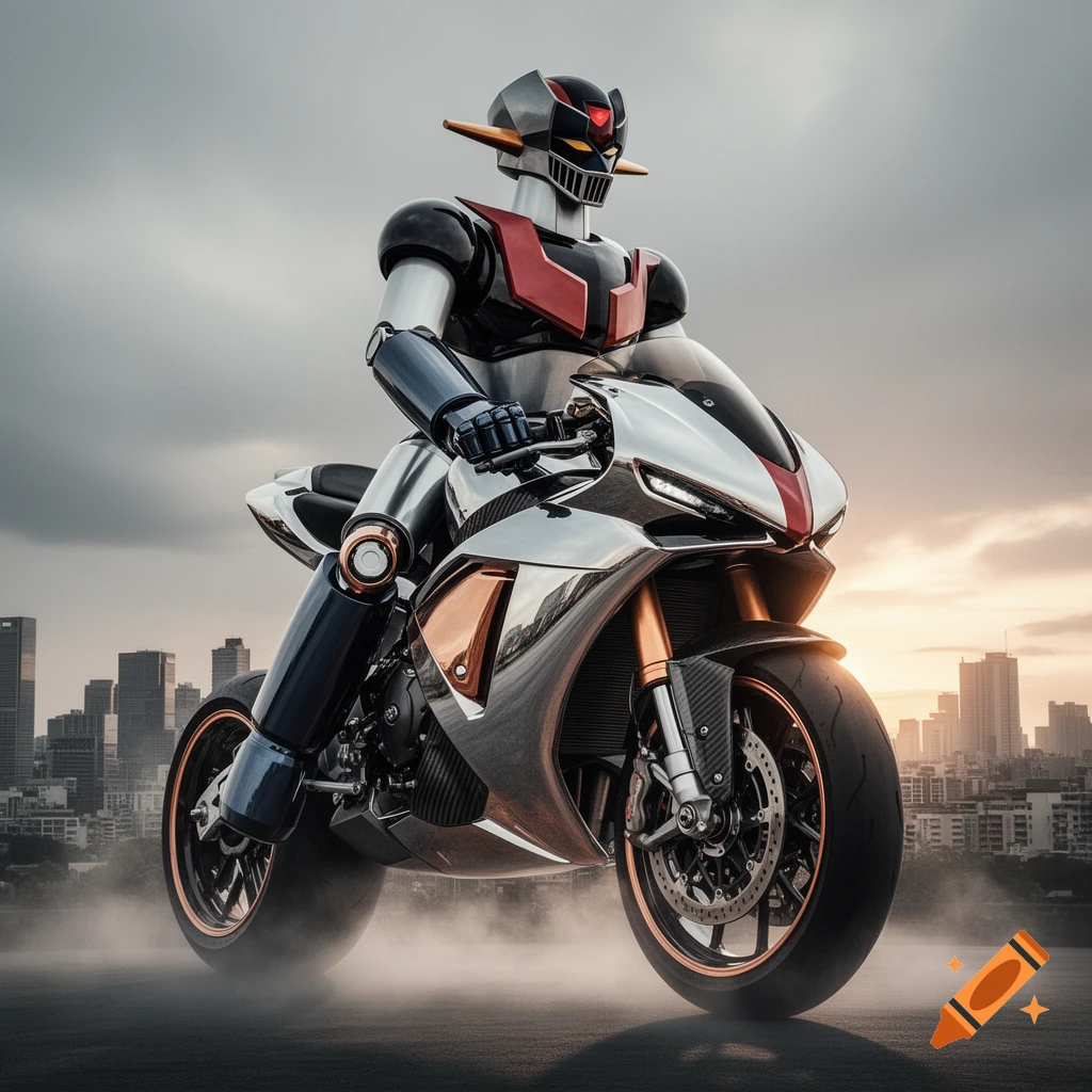 Mazinguer Z robot riding a chrome motorcycle through a misty cityscape at sunset, photorealistic.