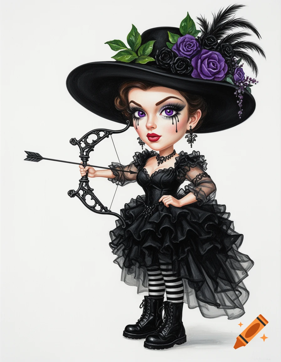 A cute caricature of a Gothic woman with purple eyes, dramatic makeup, a ruffled dress, striped socks, and a black hat decorated with roses, holding a Gothic bow and arrow.