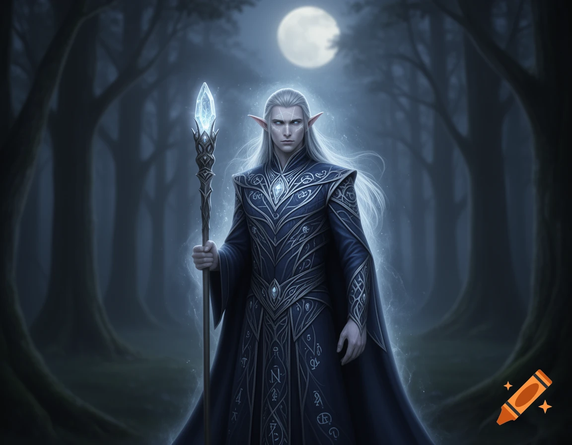 A male high elf with long white hair and a dark blue tunic holding a glowing staff stands in a misty forest under a full moon.