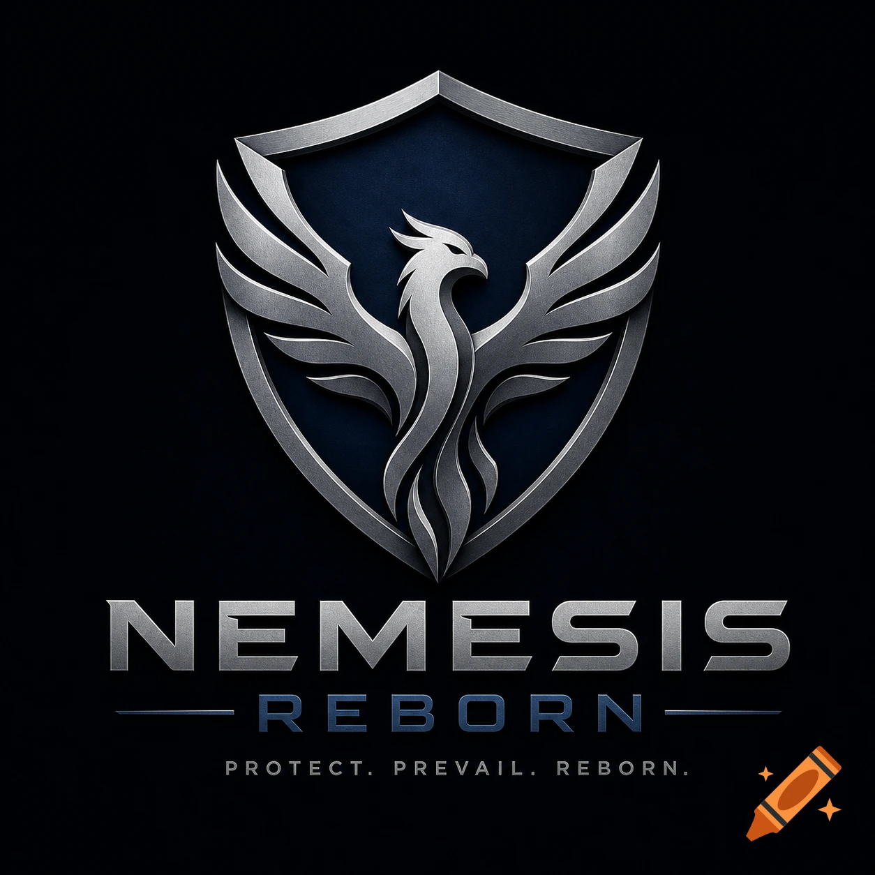 A metallic silver logo featuring a phoenix inside a shield, with the words 'NEMESIS REBORN' below it.
