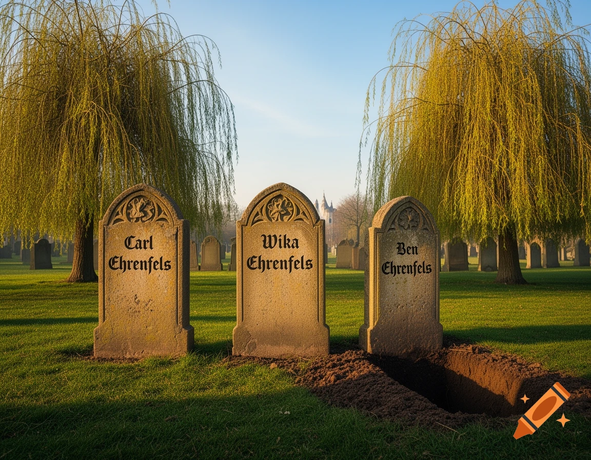 Three gravestones, Carl, Wika, and Ben Ehrenfels, stand in a sunlit graveyard with an open grave and weeping willows.