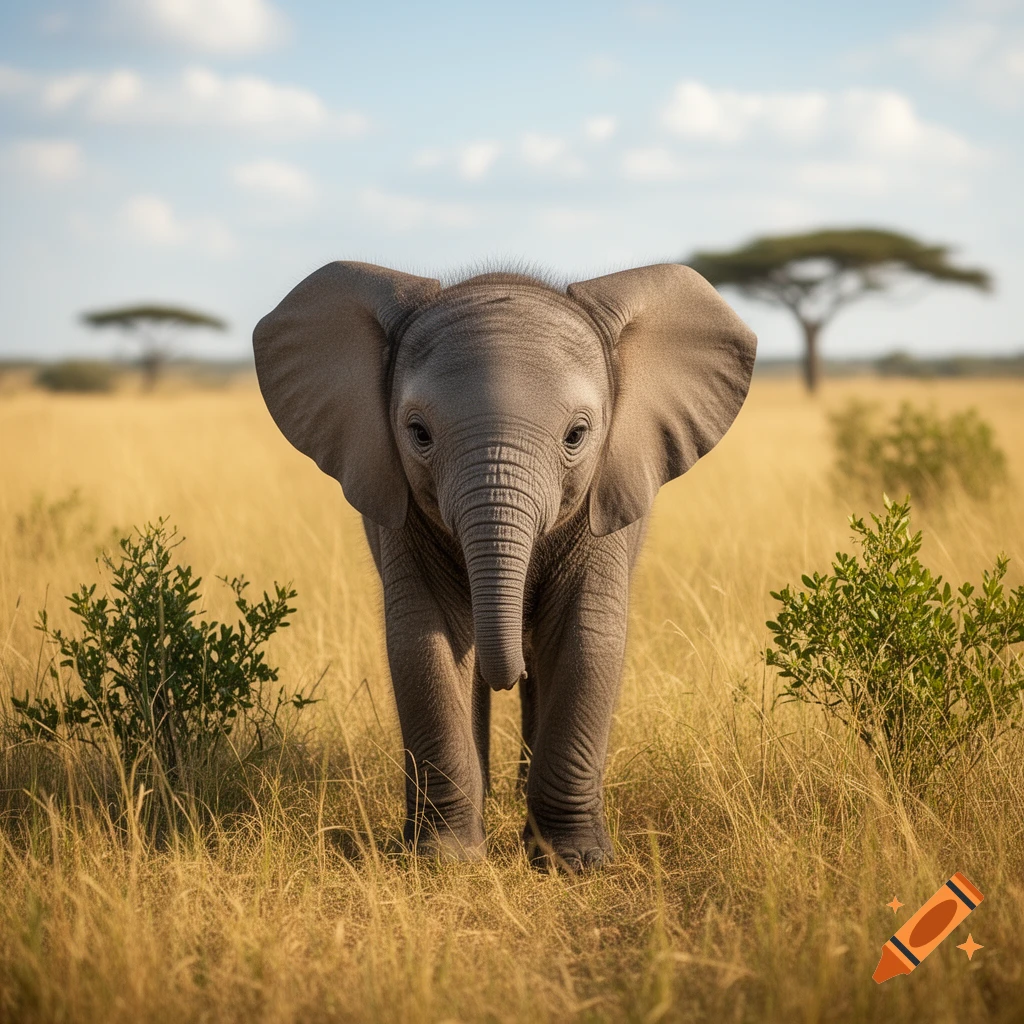 A close-up, front-facing shot of a baby elephant standing in a sunlit grassy savanna, with acacia trees in the blurred background.