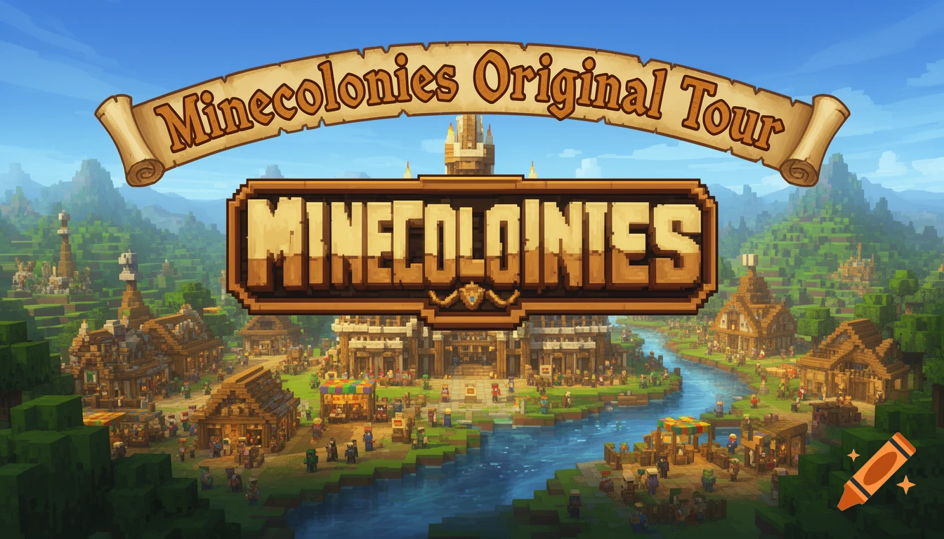 Vibrant pixel art Minecraft-style village with a river, mountains, and text banners 'Minecolonies Original Tour' and 'MINECOLONIES'.