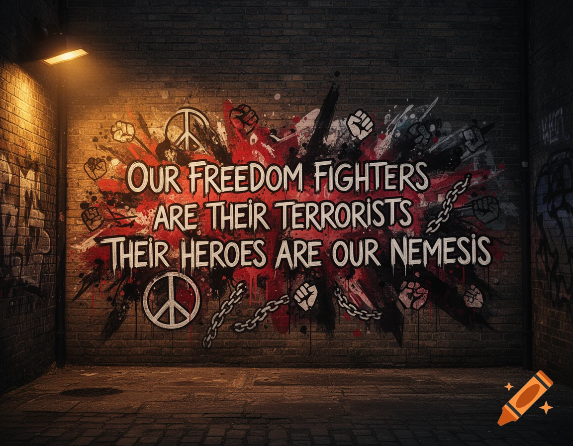 Photorealistic graffiti on a brick wall reads 'Our freedom fighters are their terrorists / Their heroes are our nemesis', illuminated by a single lamp.