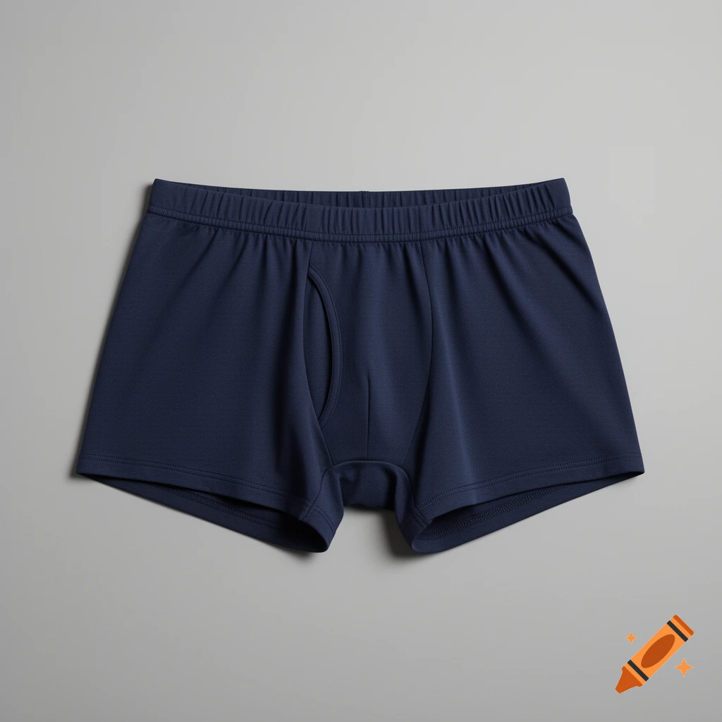 Plain navy blue men's boxer briefs with an elastic waistband and buttonless fly, on a neutral studio background.