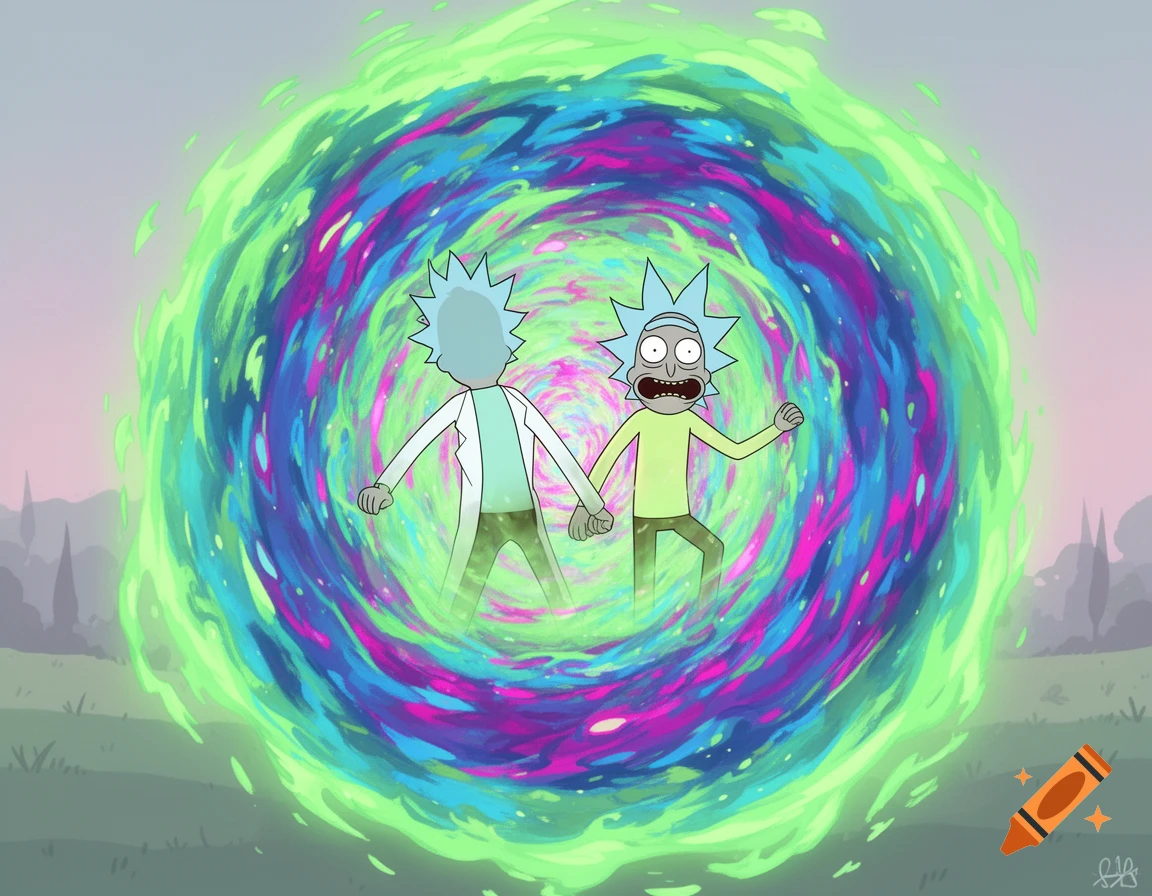 Rick and Morty entering a colorful, swirling portal hand-in-hand, cartoon style.