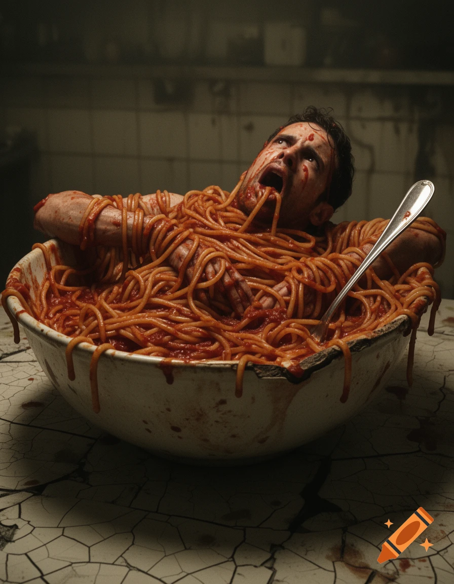 A man submerged in a large bowl of spaghetti and tomato sauce, with sauce dripping from his face and mouth, a spoon rests in the pasta, in a dark, gritty setting.