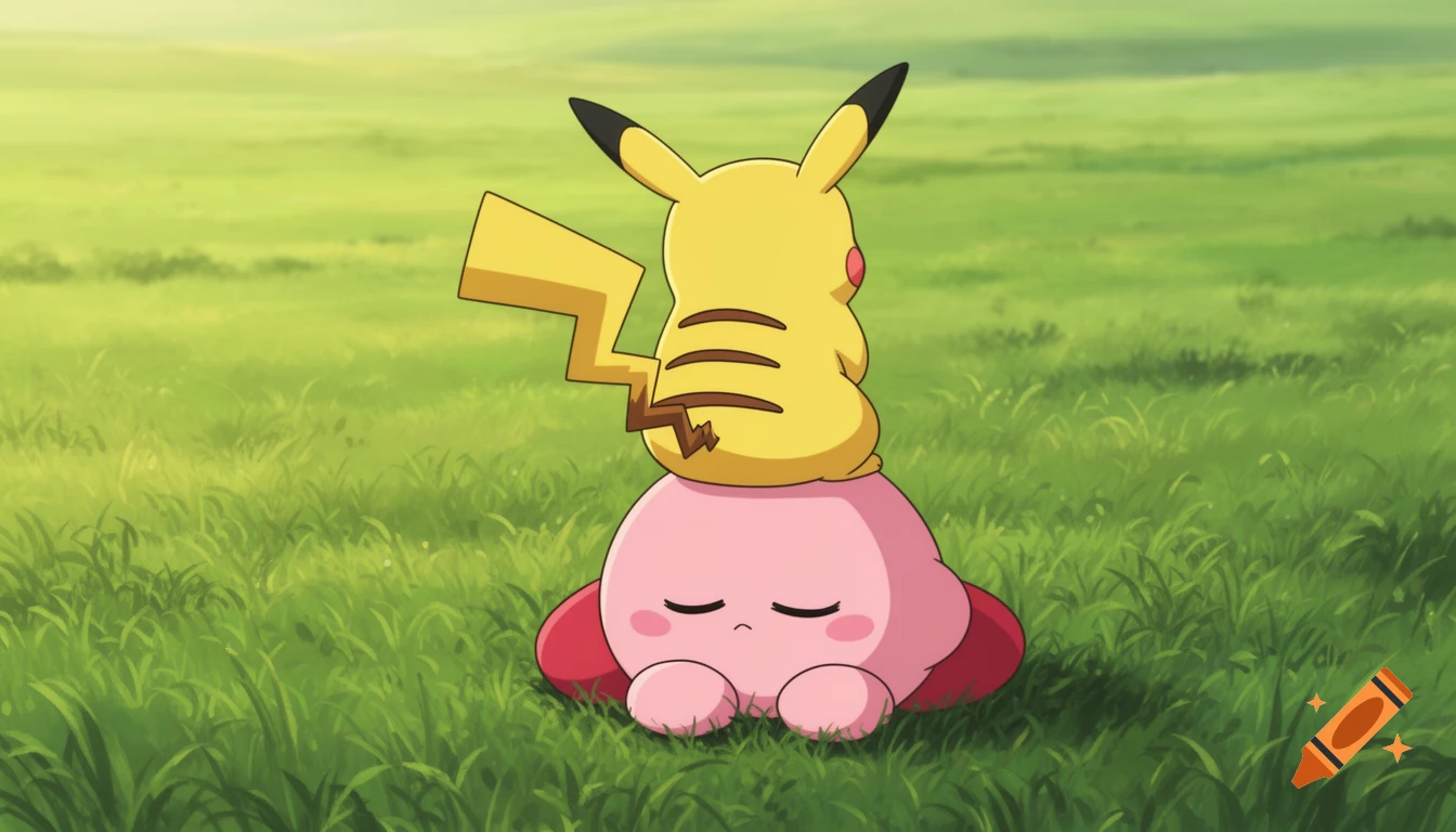 Pikachu sits on a defeated Kirby's back in a green field, rendered in a soft, painterly anime style.