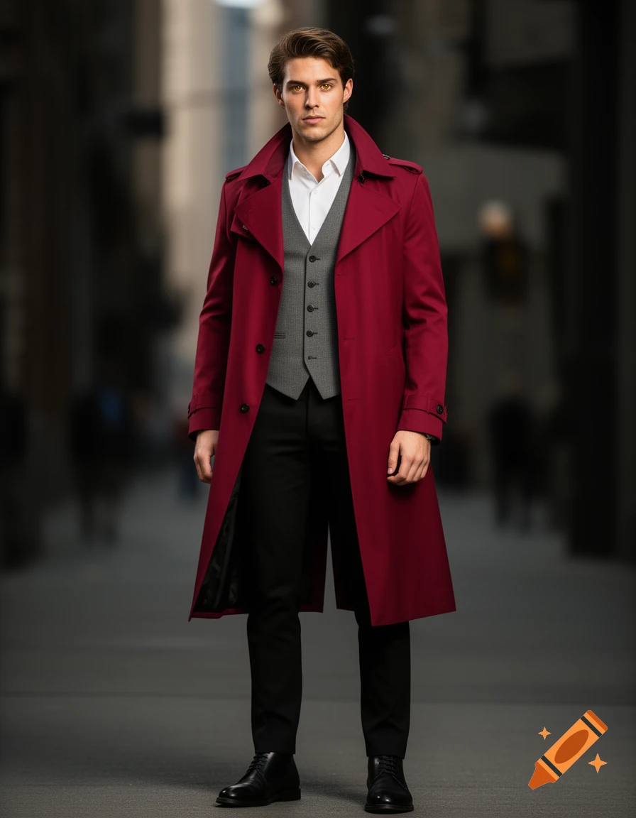 A man with brown hair and golden-hazel eyes wears a crimson trench coat, gray vest, white shirt, black pants, and black boots, standing in a blurred street.