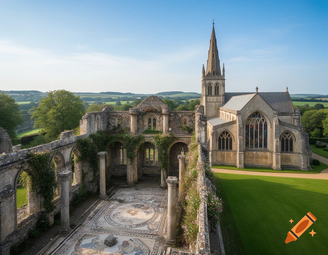 Stone ruins with a mosaic floor and columns stand beside a Gothic abbey with a spire, surrounded by green fields under a blue sky.