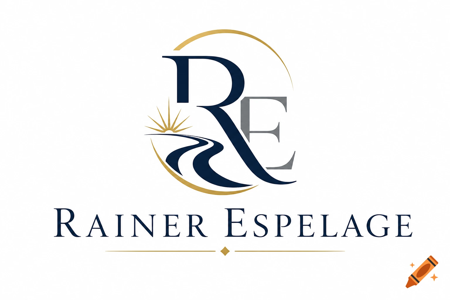 Logo featuring intertwined R and E initials in dark blue and gray, with a gold arc, sun, and road graphic. 'RAINER ESPELAGE' below.