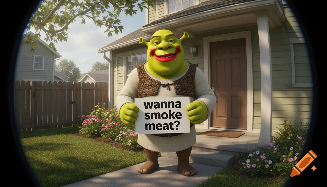 Shrek with red lipstick and an awkward smile, seen through a doorbell camera, stands in front of a house holding a sign that says "wanna smoke meat?"