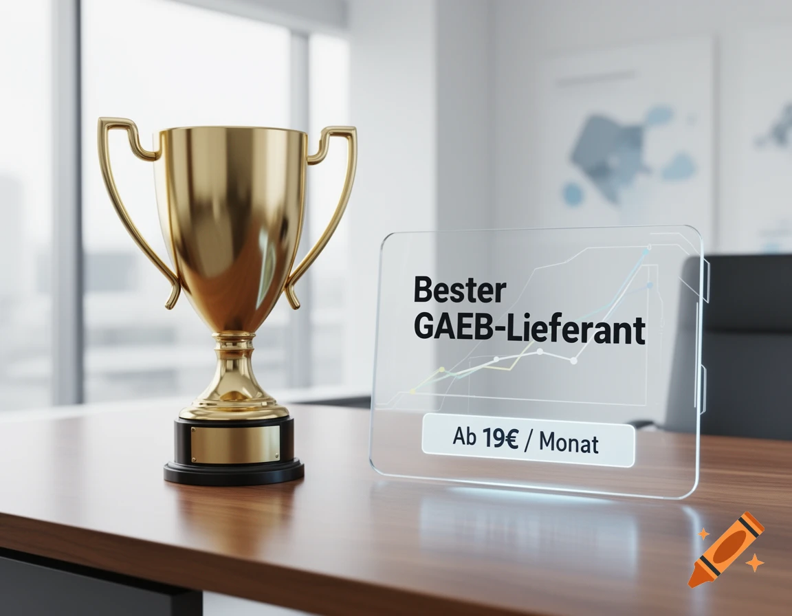 A golden trophy and a holographic screen displaying "Bester GAEB-Lieferant" and "Ab 19 € / Monat" on a modern office desk.