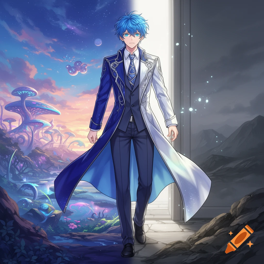 An anime character with blue hair and a half-blue, half-white coat walks through a glowing portal from a vibrant fantasy world to a darker, rocky landscape.