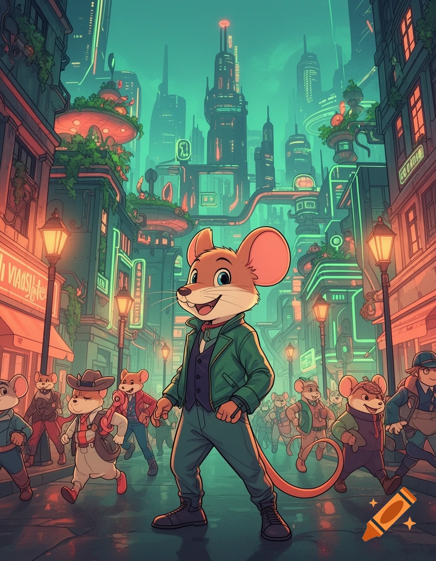 Anthropomorphic mouse in a green jacket confidently stands in a neon-lit, futuristic city with other cartoon mice.