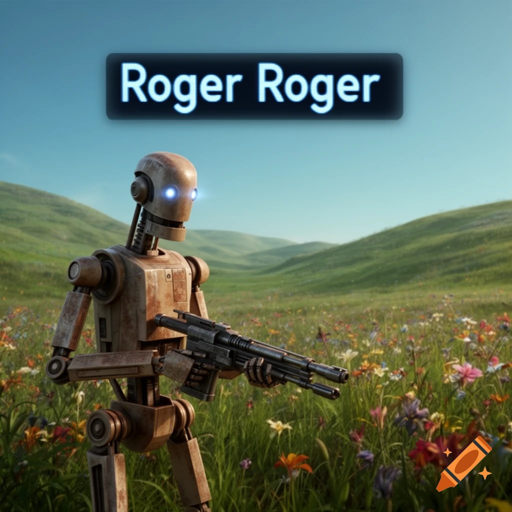 A rusty B1 Battle Droid holds a blaster rifle in a field of wildflowers with green hills. The text "Roger Roger" floats above its head.