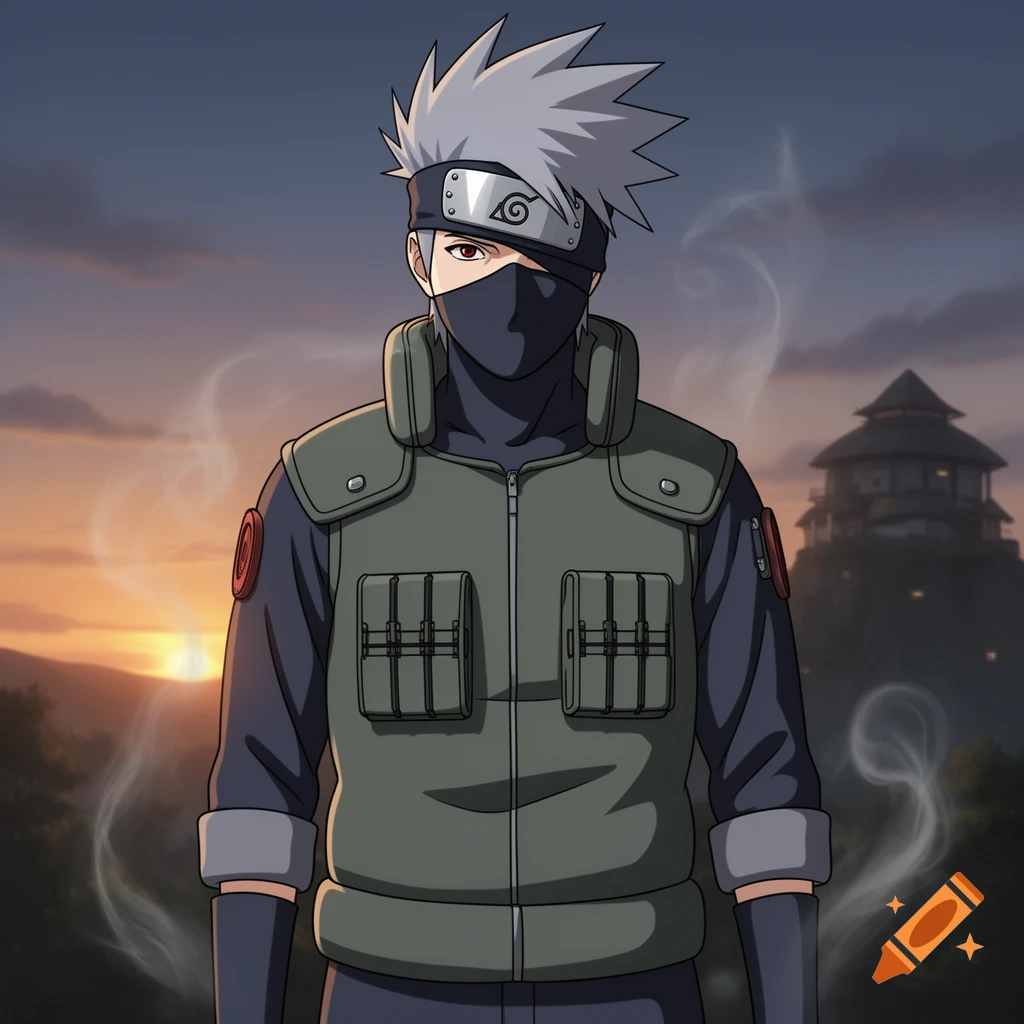 An anime illustration of Kakashi Hatake, a man with spiky grey hair and a mask, wearing a flak jacket against a sunset sky.