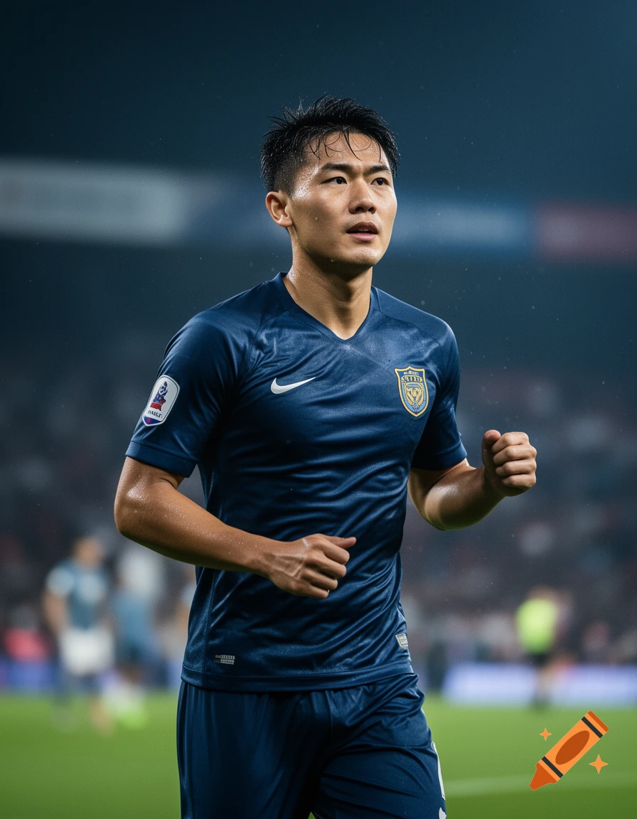 Photorealistic image of an Asian male soccer player in a blue uniform running on a field, looking focused.