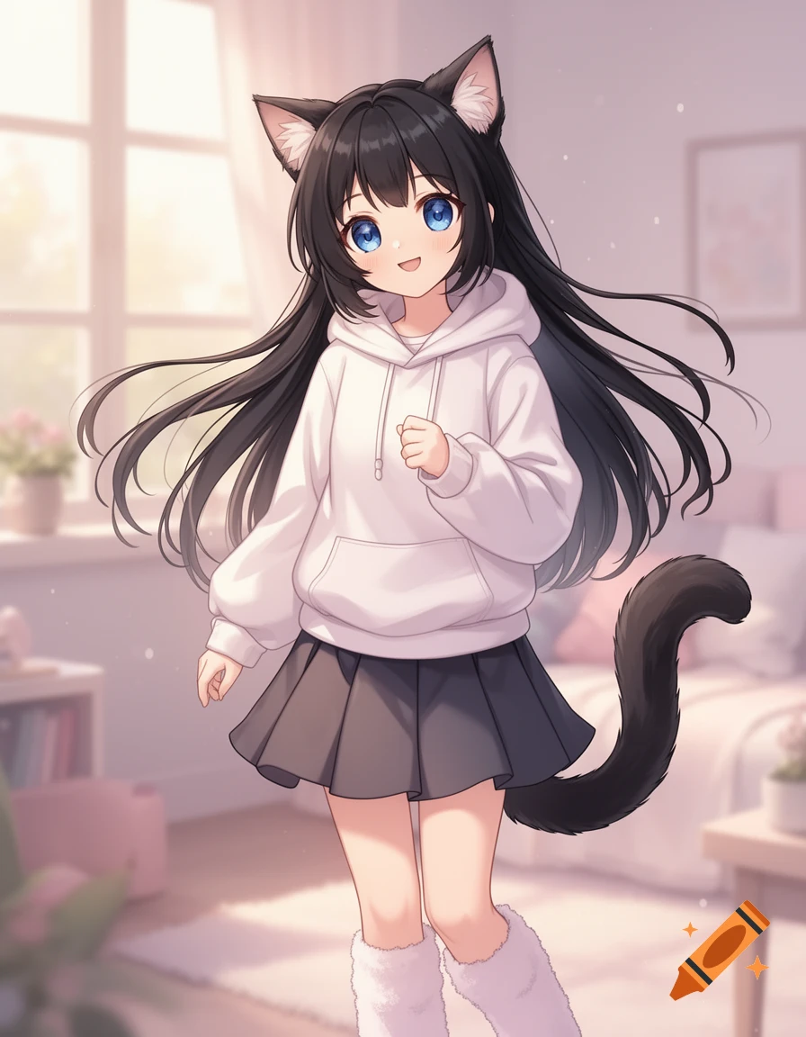 A cute anime catgirl with black hair, blue eyes, cat ears, and a tail, wearing a white hoodie and a black skirt, smiling in a cozy room.