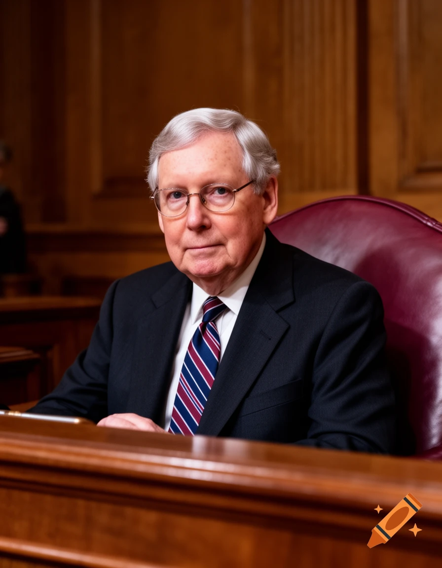 A formal portrait of Senator Mitch McConnell, an elderly white man with glasses and gray hair, wearing a suit and tie, seated at a wooden desk.