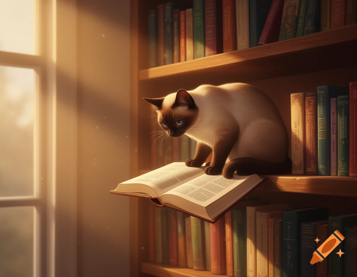 A Siamese cat sits on an open book floating amidst bookshelves, with warm light streaming in from a window.