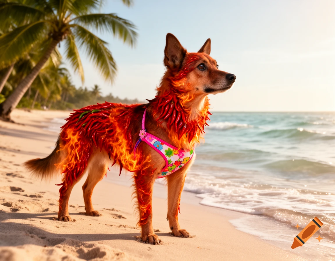 A photorealistic dog made of red and green chili peppers wearing a floral bikini on a sunny beach, looking at the ocean.
