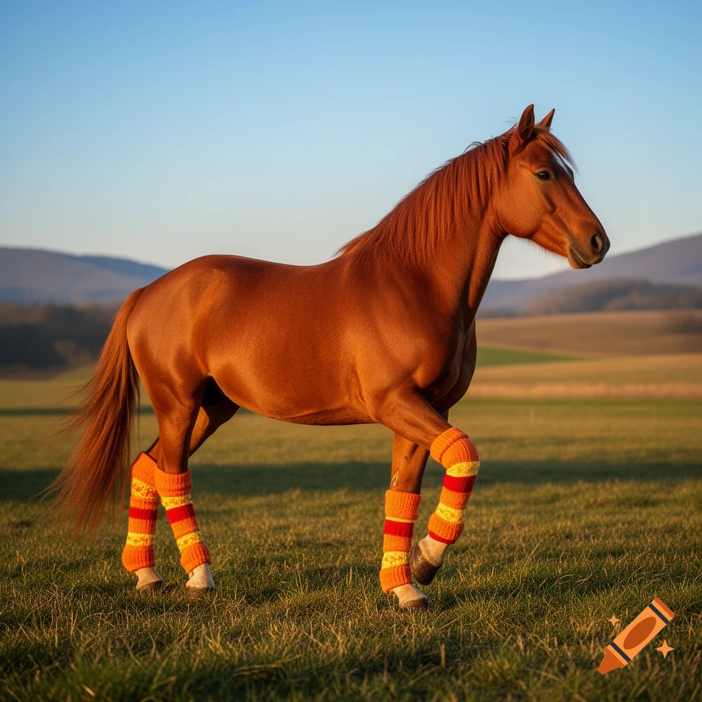A brown horse with striped orange and red leg warmers stands in a grassy field under a clear sky, with mountains in the background.