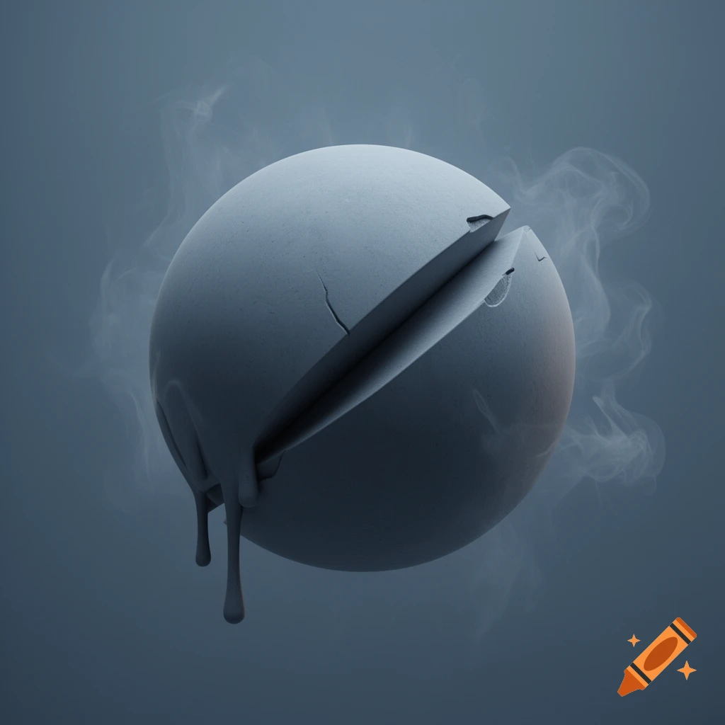 A gray textured sphere is split and dripping, surrounded by wisps of smoke against a dark gray background.