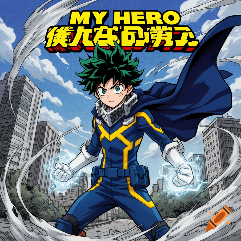 Anime character Izuku Midoriya in a blue and yellow superhero suit with a dark cape, hands glowing with electricity, in a city with "MY HERO" text.