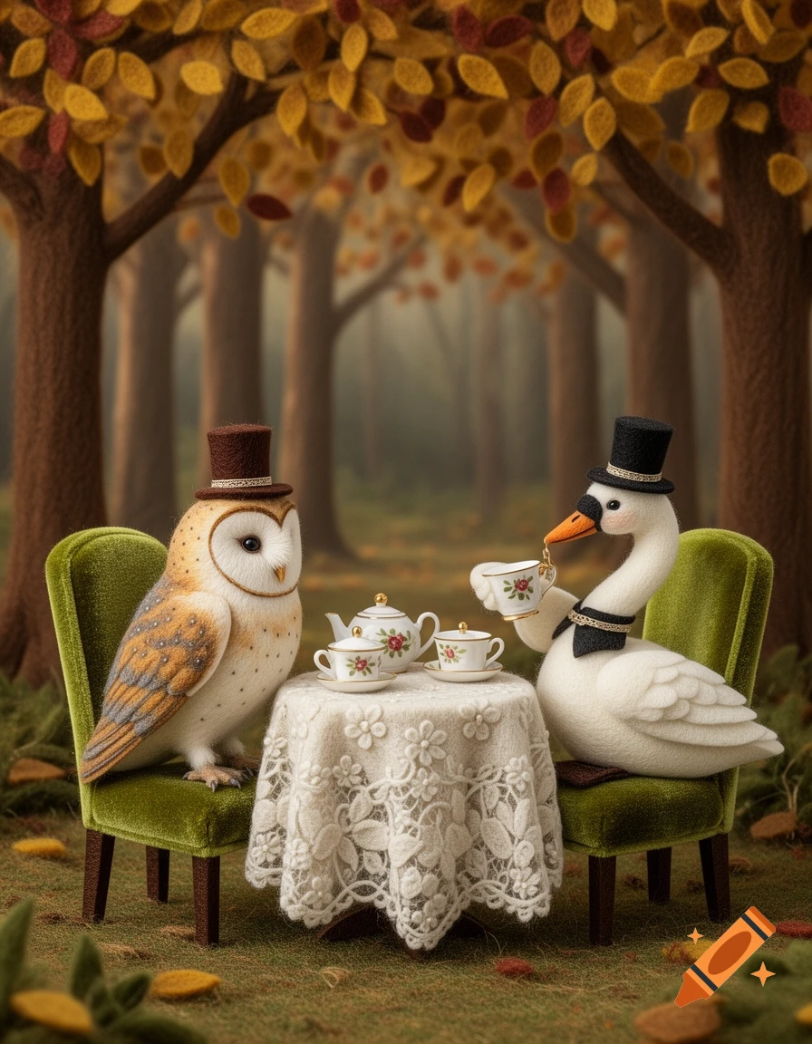 A barn owl and a swan wearing top hats drink tea at a table in an autumn forest, rendered in a felt art style.